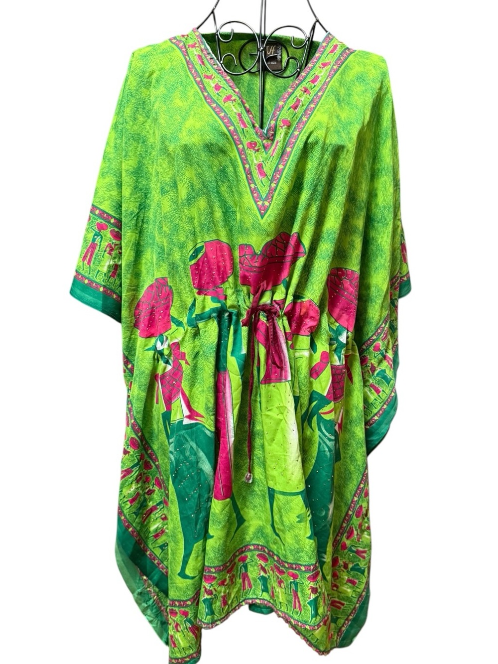 Bright Green & Hot Pink Floral gathered tie waist Caftan Tunic Free Size